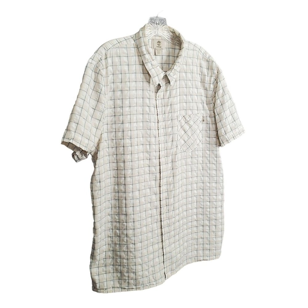 Timberland Mens Sz XXL Shirt Slim Fit Button Up Textured Camp 100% Cotton Plaid